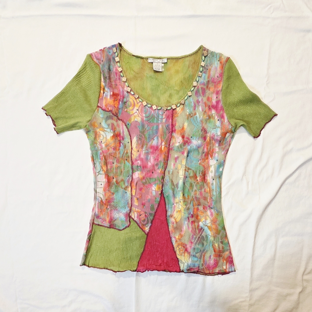 Alberto Makali Artistic Green and Pink Short Sleeve Top